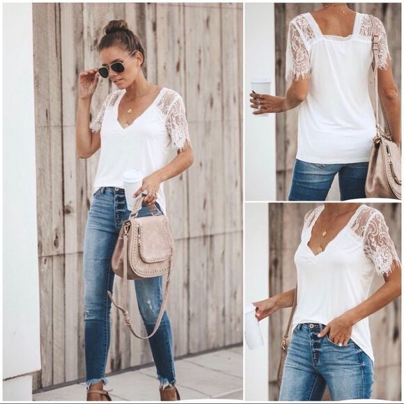 𝅺pol Ivory Lace  Scallop Sleeve V-Neck Knit Top - Picture 2 of 16